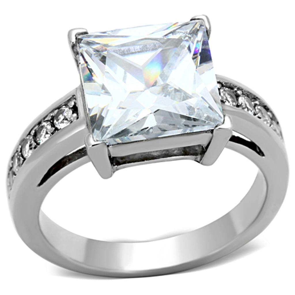 A high-polished stainless steel ring featuring a clear cubic zirconia stone in a square setting, perfect for women's jewelry.