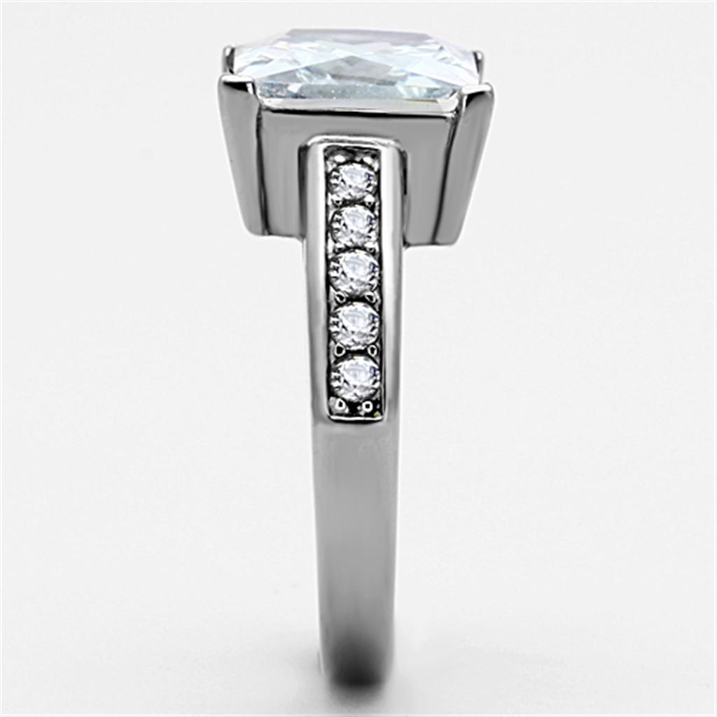 A high-polished stainless steel ring featuring a clear cubic zirconia stone in a square setting, perfect for women's jewelry.