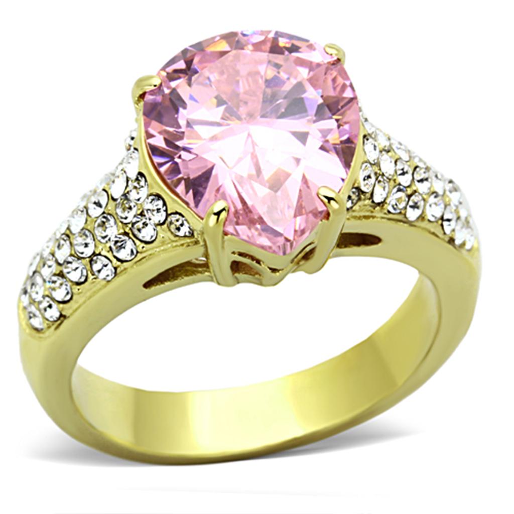 Elegant Women Stainless Steel Cubic Zirconia Ring featuring IP gold plating and sparkling stones in rose and pear shapes.