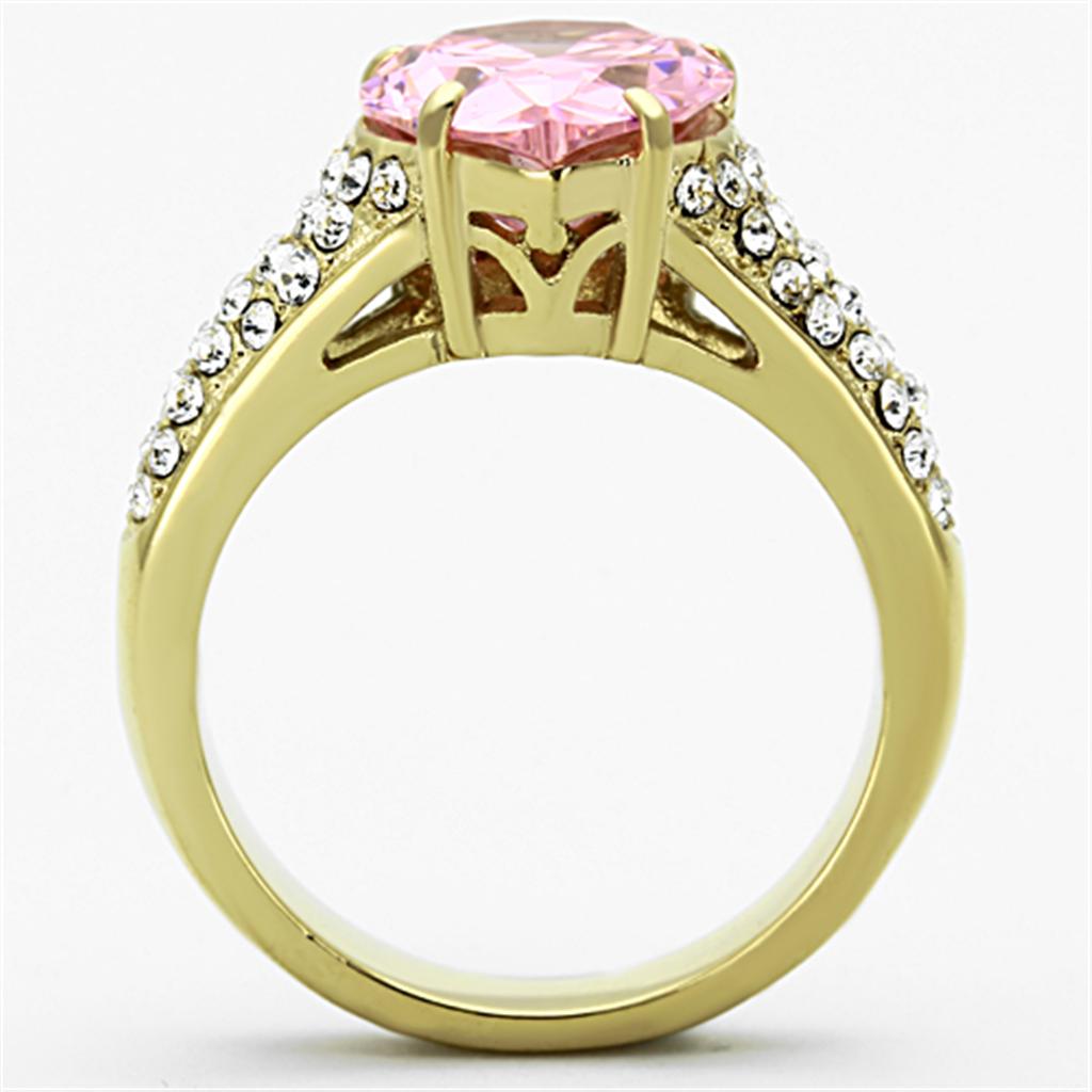 Elegant Women Stainless Steel Cubic Zirconia Ring featuring IP gold plating and sparkling stones in rose and pear shapes.