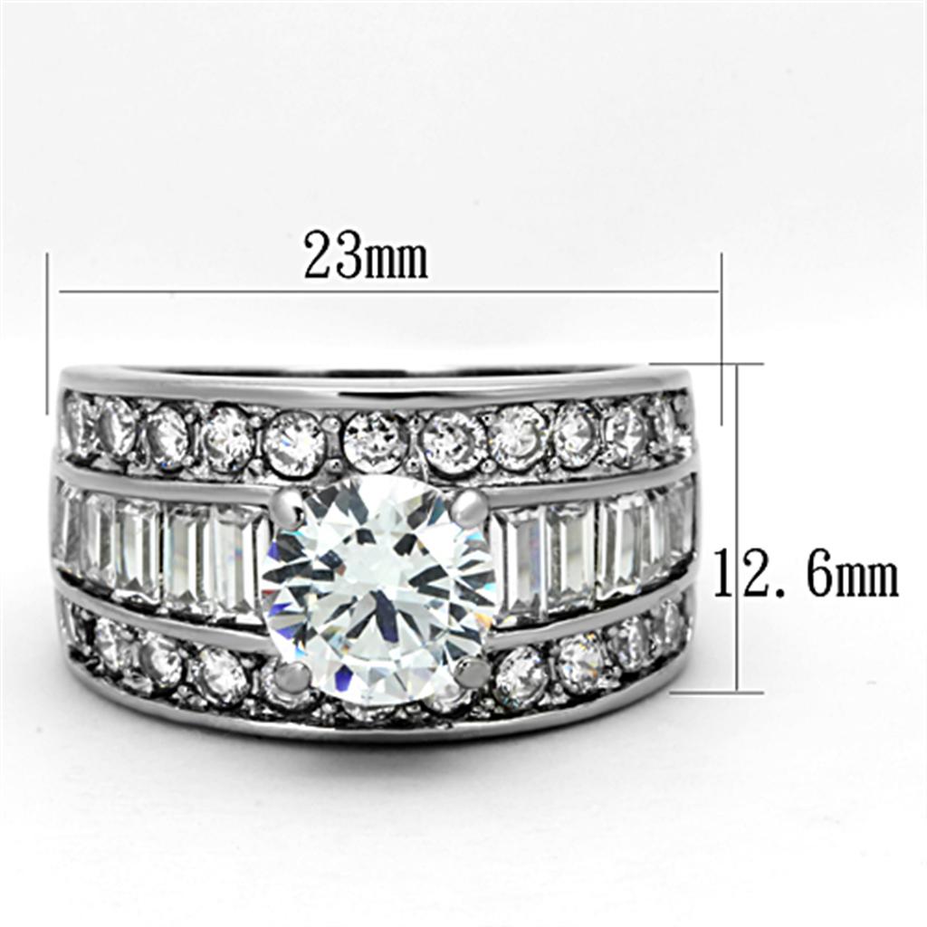 A high-polished stainless steel ring adorned with clear cubic zirconia stones, showcasing elegance and durability.