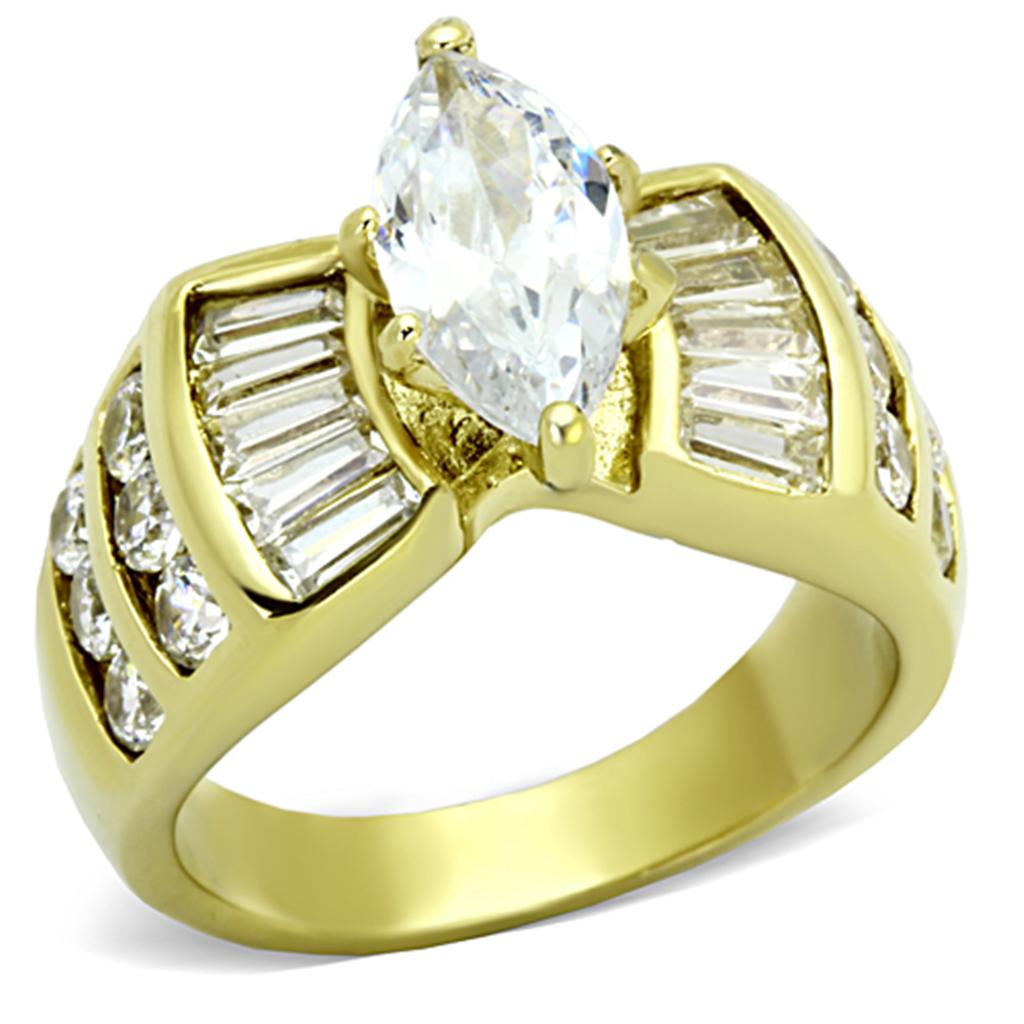 Elegant Women Stainless Steel Cubic Zirconia Ring with IP Gold plating and clear stones.