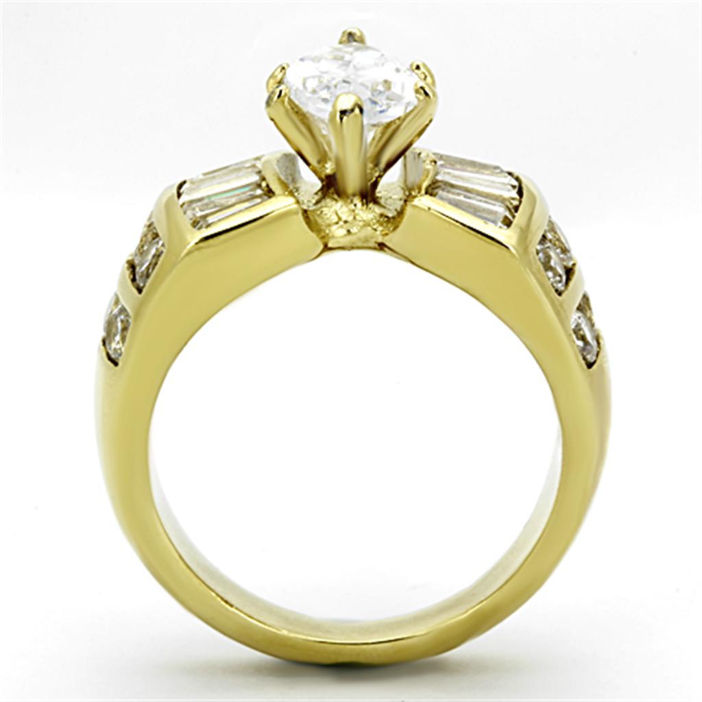 Elegant Women Stainless Steel Cubic Zirconia Ring with IP Gold plating and clear stones.