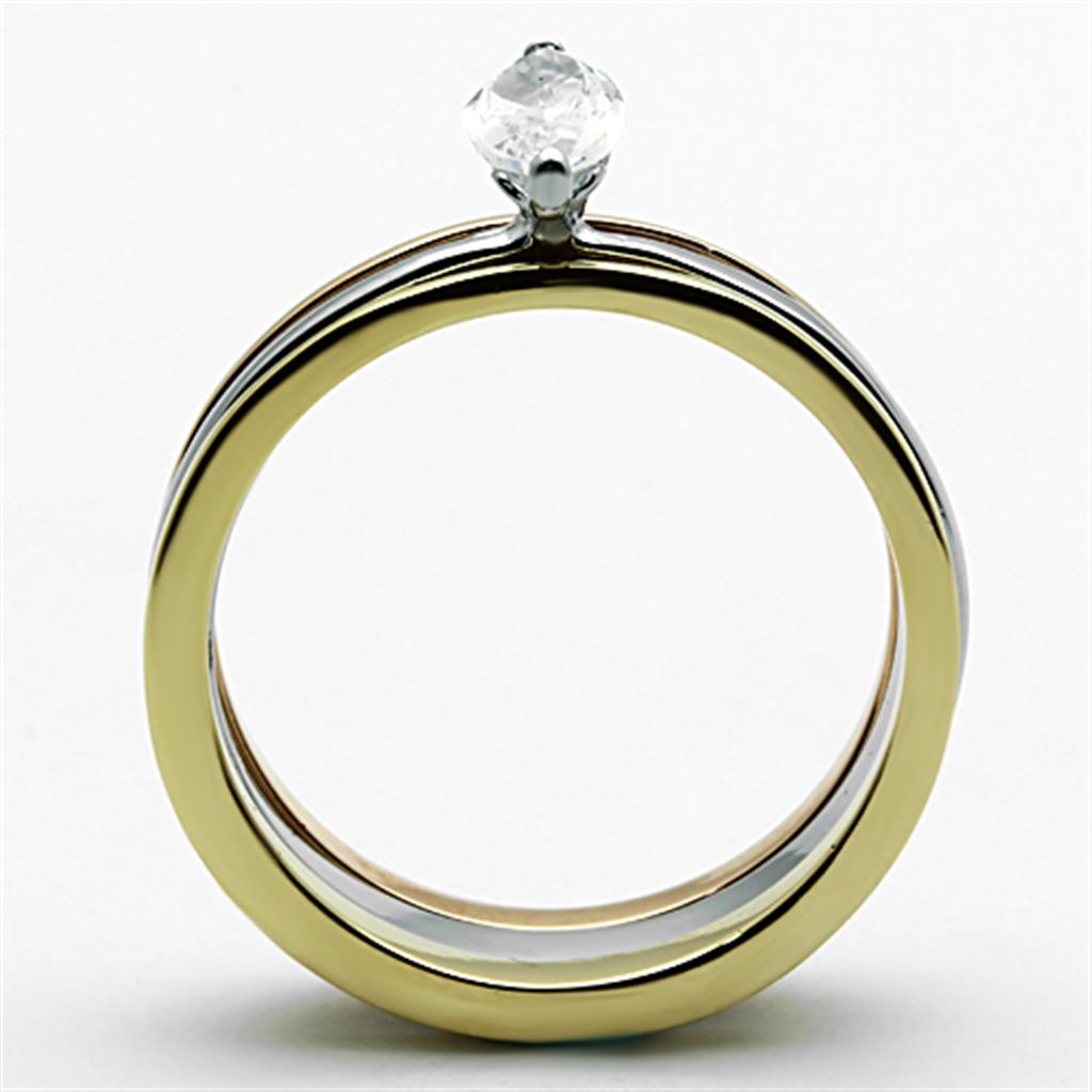 Elegant Women Stainless Steel Cubic Zirconia Ring with three-tone IP Gold, IP Rose Gold, and high-polished finish, featuring sparkling cubic zirconia stones.