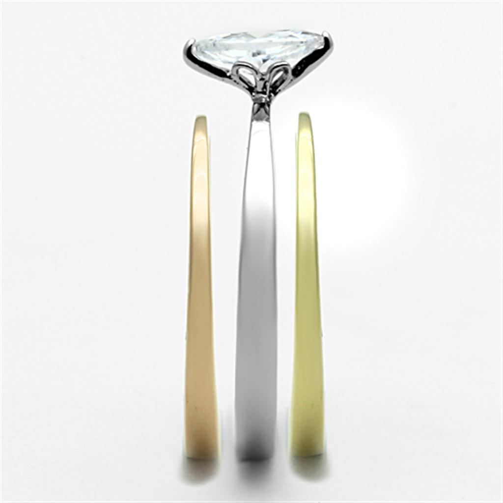 Elegant Women Stainless Steel Cubic Zirconia Ring with three-tone IP Gold, IP Rose Gold, and high-polished finish, featuring sparkling cubic zirconia stones.