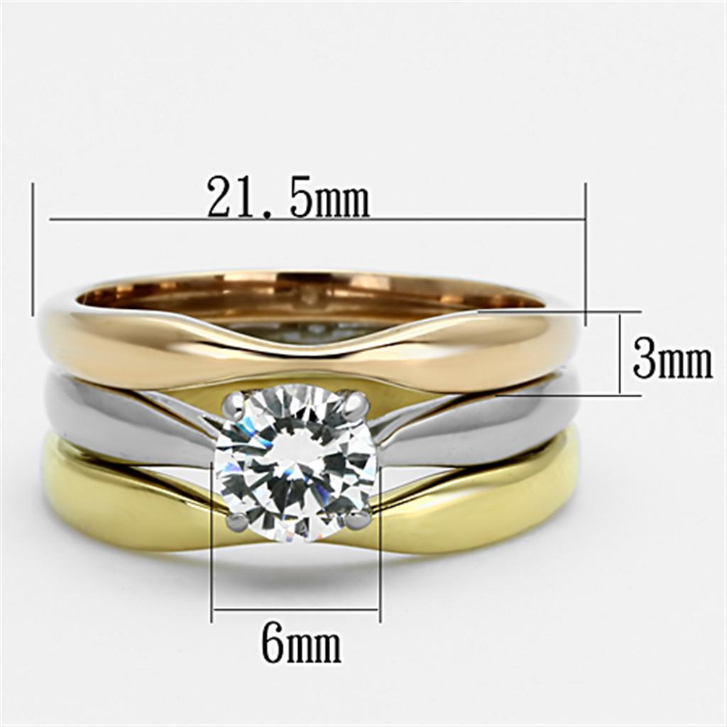 Elegant Women Stainless Steel Cubic Zirconia Ring with three-tone design in IP Gold, IP Rose Gold, and high polished finish.