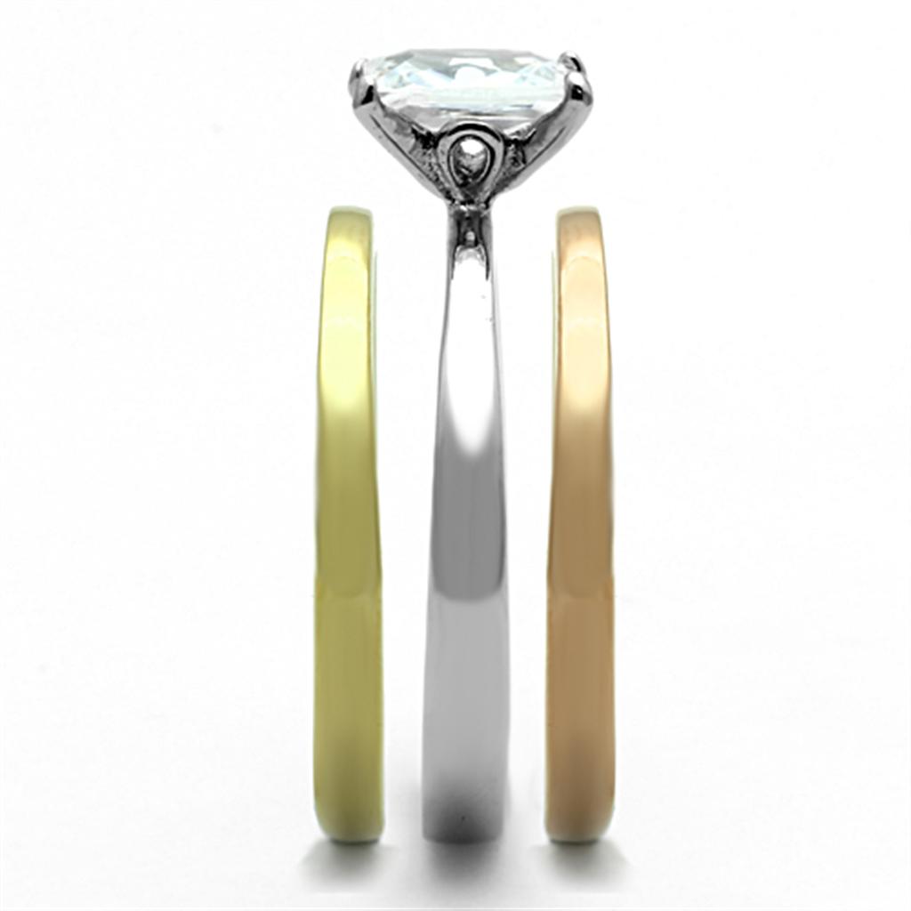 Elegant Women Stainless Steel Cubic Zirconia Ring with three-tone IP gold and rose gold finish, featuring sparkling clear cubic zirconia stones.