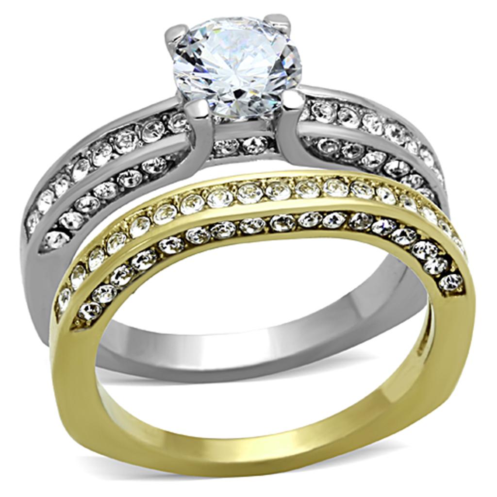 Elegant Women Stainless Steel Ring with Cubic Zirconia in Two-Tone IP Gold finish.