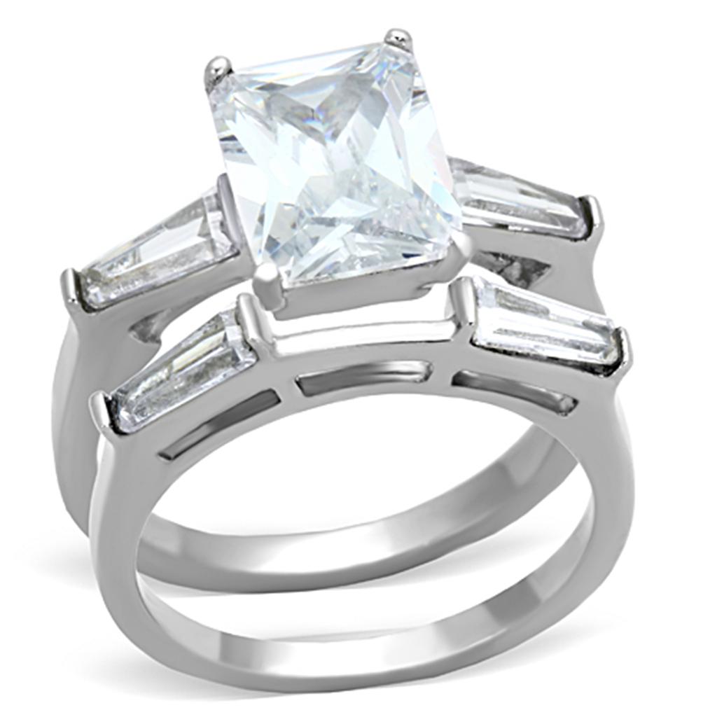 Elegant Women Stainless Steel Ring with Cubic Zirconia, high-polished finish, showcasing clear stones.