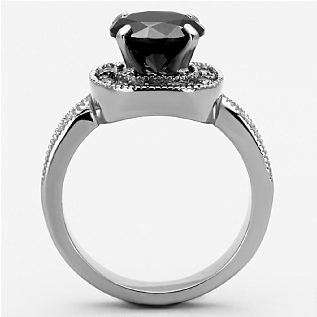Elegant Women Stainless Steel Ring with Cubic Zirconia and Black Diamond accents, showcasing a high polished finish.