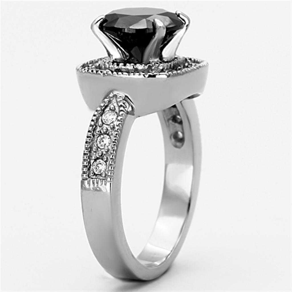 Elegant Women Stainless Steel Ring with Cubic Zirconia and Black Diamond accents, showcasing a high polished finish.