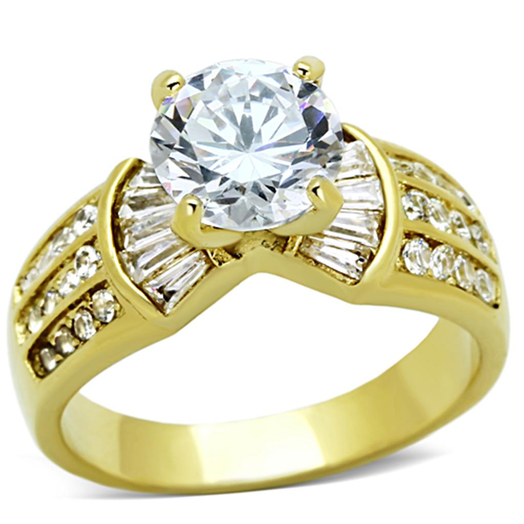 Elegant Women Stainless Steel Ring with Cubic Zirconia stones and IP gold ion plating, showcasing a modern design.