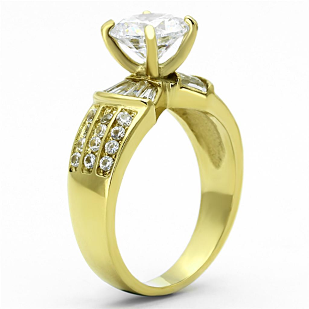 Elegant Women Stainless Steel Ring with Cubic Zirconia stones and IP gold ion plating, showcasing a modern design.
