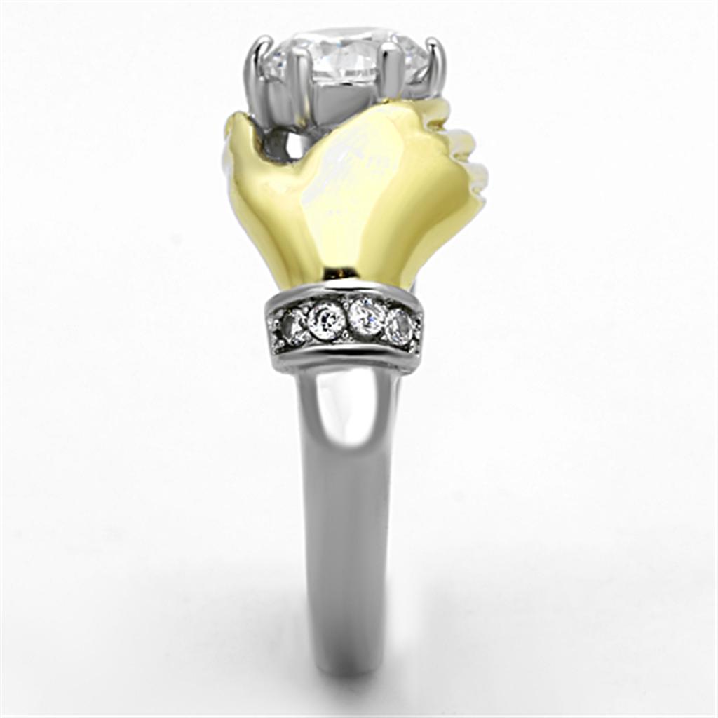 Women Stainless Steel Cubic Zirconia Ring with Two-Tone IP Gold Plating, showcasing sparkling stones and elegant design.