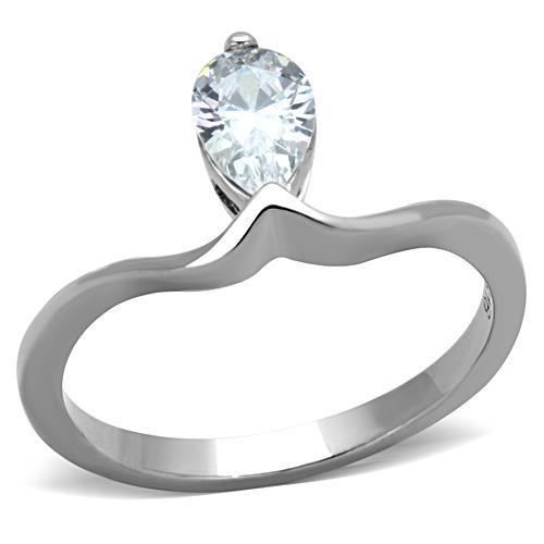 A beautiful women's stainless steel ring featuring a high polished finish and a pear-shaped cubic zirconia stone, perfect for elegant occasions.