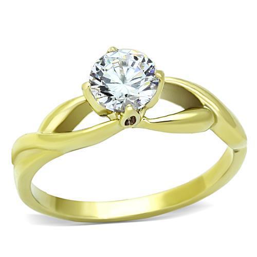 Women Stainless Steel Ring with Cubic Zirconia stones, featuring a gold ion plating finish, elegantly designed for everyday wear.