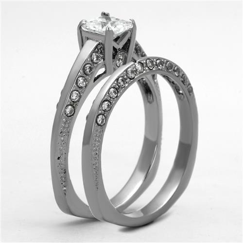 Elegant Women Stainless Steel Ring with Clear Cubic Zirconia in a Square Design, showcasing a high-polished finish.