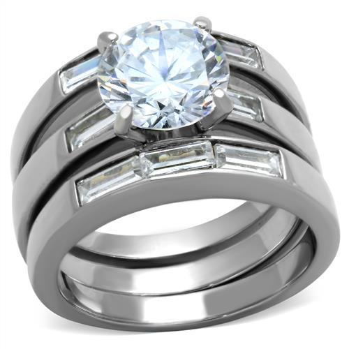 A beautiful women's stainless steel ring featuring clear round cubic zirconia stones, showcasing a high-polished finish.