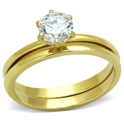 Elegant Women Stainless Steel Ring with Cubic Zirconia, featuring a round design and IP gold ion plating.