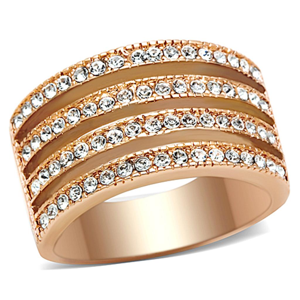 Elegant Women Stainless Steel Ring with Cubic Zirconia and IP Rose Gold Plating, showcasing a stylish design.