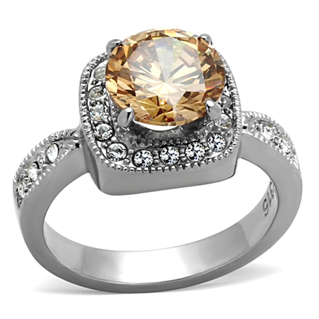 Elegant Women Stainless Steel Ring with Champagne Cubic Zirconia, high polished finish, showcasing its stunning design.