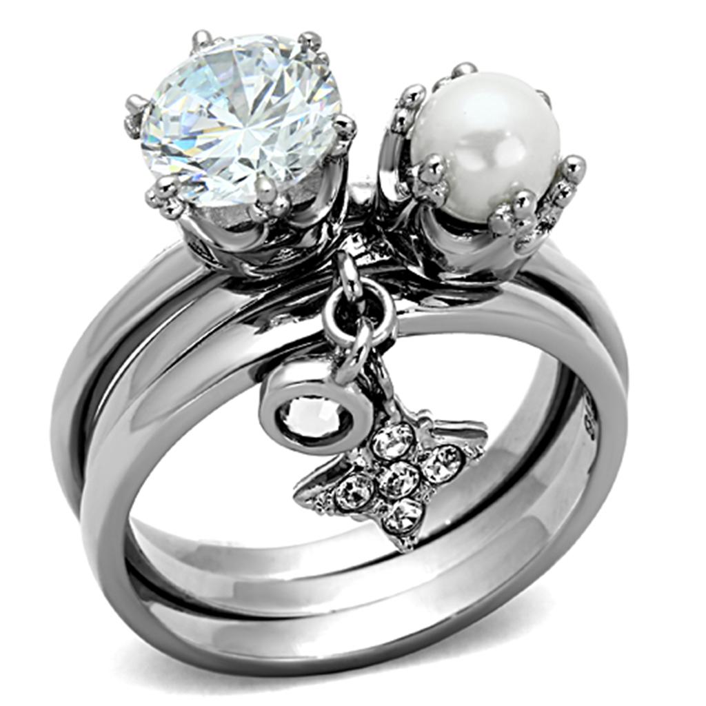 Elegant Women Stainless Steel Ring with Clear Cubic Zirconia, featuring a high-polished finish and round design.