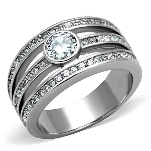 Elegant Women Stainless Steel Ring with Clear Round Cubic Zirconia, high-polished finish, showcasing its stunning design.