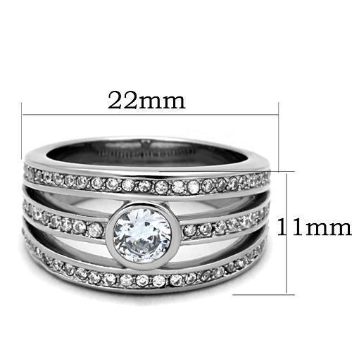 Elegant Women Stainless Steel Ring with Clear Round Cubic Zirconia, high-polished finish, showcasing its stunning design.
