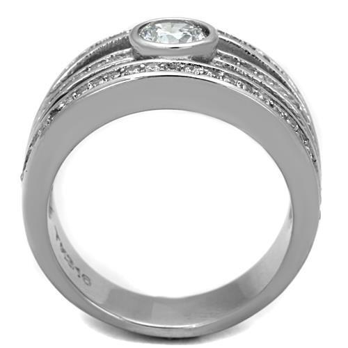 Elegant Women Stainless Steel Ring with Clear Round Cubic Zirconia, high-polished finish, showcasing its stunning design.