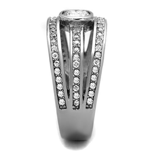 Elegant Women Stainless Steel Ring with Clear Round Cubic Zirconia, high-polished finish, showcasing its stunning design.