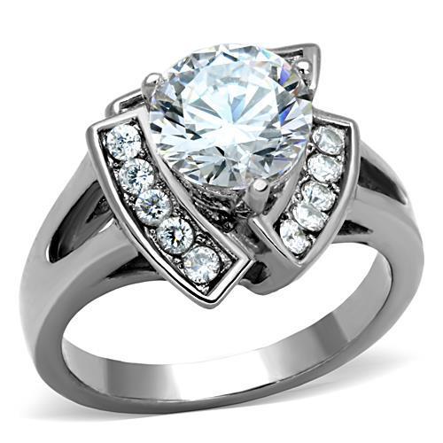 Elegant Women Stainless Steel Ring with Clear Cubic Zirconia, featuring a high-polished finish and round stone design.