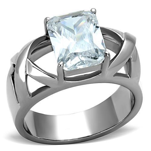 A beautiful women's stainless steel ring featuring clear cubic zirconia stones, showcasing a high polished finish.