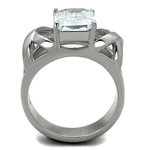 A beautiful women's stainless steel ring featuring clear cubic zirconia stones, showcasing a high polished finish.