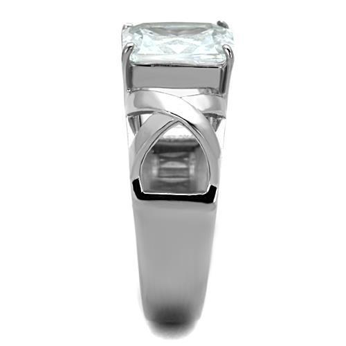 A beautiful women's stainless steel ring featuring clear cubic zirconia stones, showcasing a high polished finish.