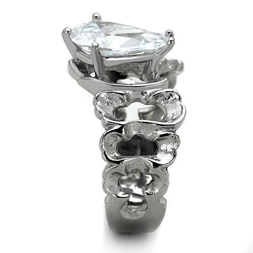 Elegant Women Stainless Steel Ring with Pear-Shaped Cubic Zirconia, High Polish Finish