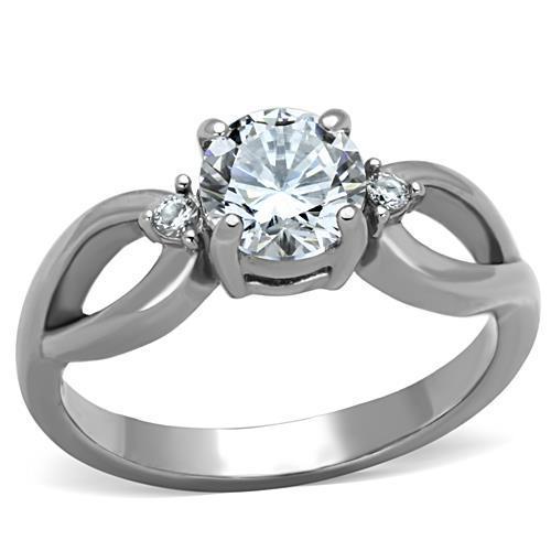 Elegant Women Stainless Steel Ring with Clear Round Cubic Zirconia, high-polished finish, showcasing its stunning design.