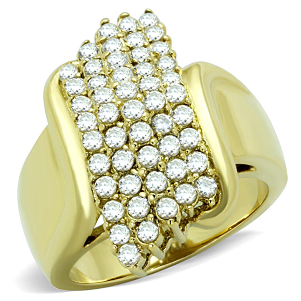 Elegant Women Stainless Steel Cubic Zirconia Ring with IP Gold plating and sparkling stones.