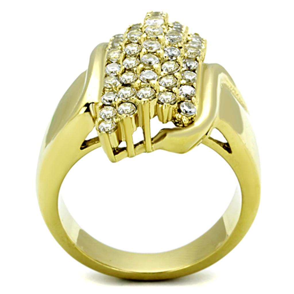 Elegant Women Stainless Steel Cubic Zirconia Ring with IP Gold plating and sparkling stones.