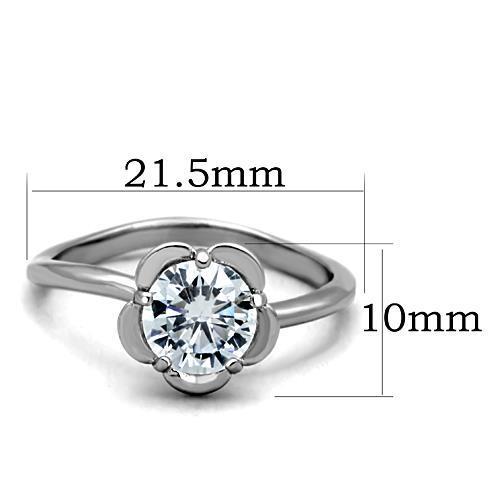 Elegant Women Stainless Steel Ring with clear cubic zirconia stone, high-polished finish, round design.
