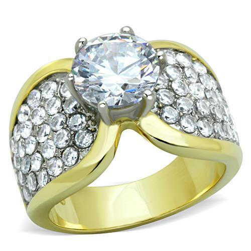 Elegant Women Stainless Steel Cubic Zirconia Ring with two-tone IP gold finish and clear stones, showcasing its sparkling design.