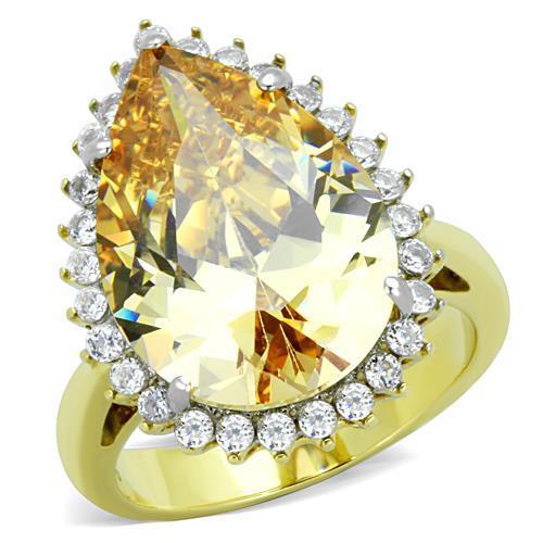 Elegant Women Stainless Steel Cubic Zirconia Ring with Two-Tone IP Gold Finish and Champagne Accents.