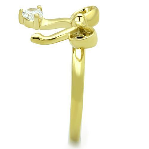 Elegant women’s stainless steel ring with cubic zirconia stones and IP gold plating, showcasing a luxurious design.