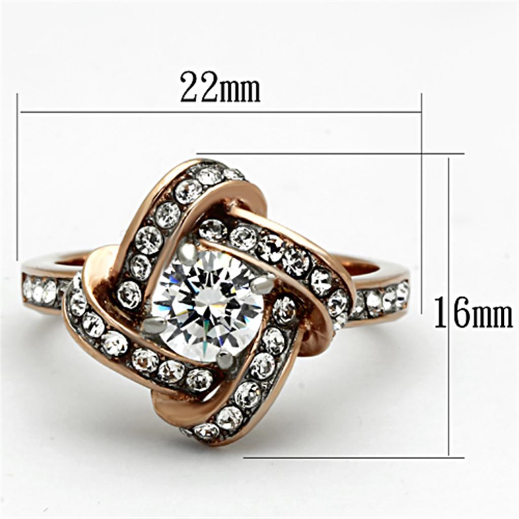 Women Stainless Steel Cubic Zirconia Ring in two-tone IP rose gold with clear round stone, showcasing elegance and durability.