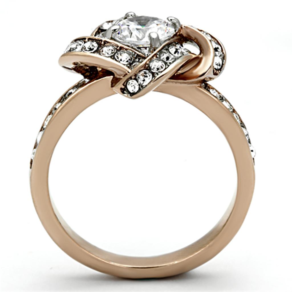 Women Stainless Steel Cubic Zirconia Ring in two-tone IP rose gold with clear round stone, showcasing elegance and durability.