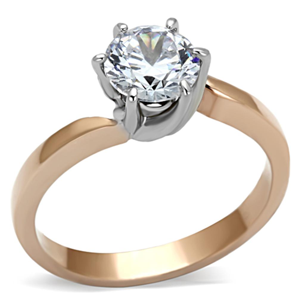 Elegant two-tone stainless steel ring with cubic zirconia stones, showcasing a round design perfect for women.
