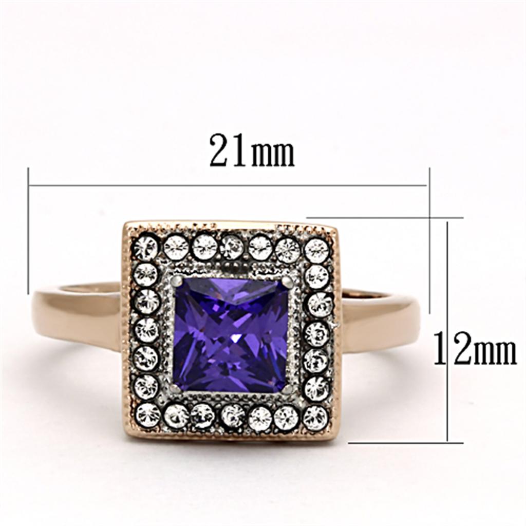 Elegant Women Stainless Steel Cubic Zirconia Ring with two-tone IP rose gold finish and tanzanite accents, showcasing its sparkling design.