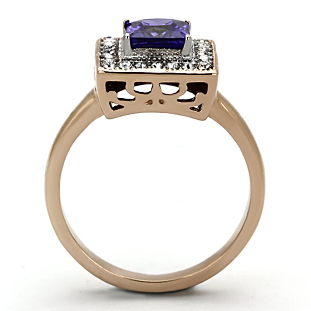 Elegant Women Stainless Steel Cubic Zirconia Ring with two-tone IP rose gold finish and tanzanite accents, showcasing its sparkling design.