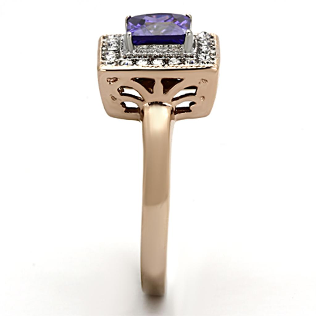 Elegant Women Stainless Steel Cubic Zirconia Ring with two-tone IP rose gold finish and tanzanite accents, showcasing its sparkling design.