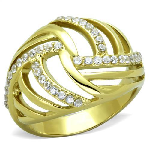 Elegant Women Stainless Steel Ring with Cubic Zirconia, featuring IP Gold Ion Plating for a luxurious finish.