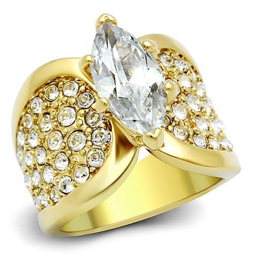 Elegant Women Stainless Steel Ring with Cubic Zirconia stones and IP Gold finish, showcasing its sparkling design.